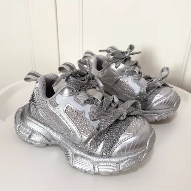 Silver Black Platform Sole Metallic Synthetic Overlays Chunky Sneakers 15