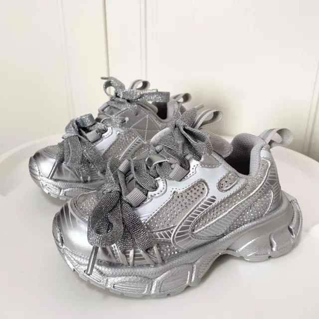 Silver Black Platform Sole Metallic Synthetic Overlays Chunky Sneakers 17