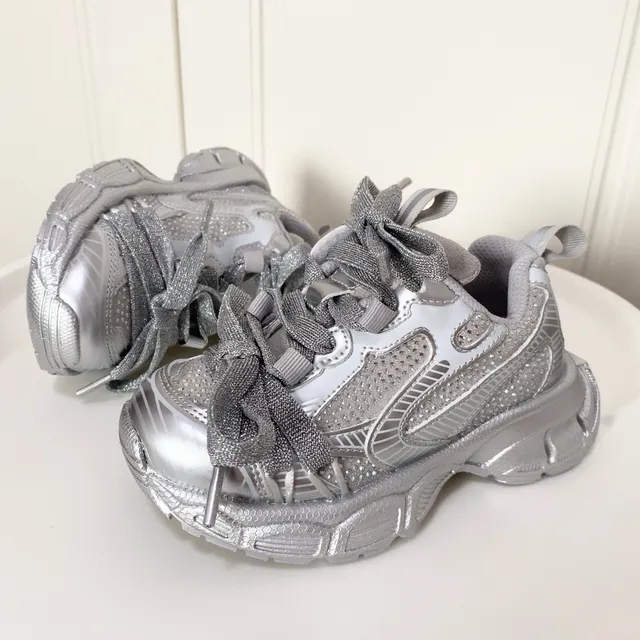 Silver Black Platform Sole Metallic Synthetic Overlays Chunky Sneakers 18