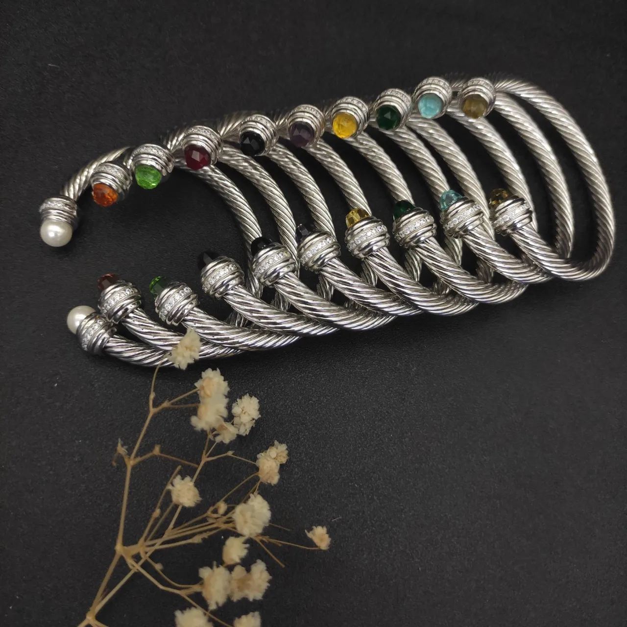 Silver Black Twisted Cable Faceted Stone Terminals Bracelet 6