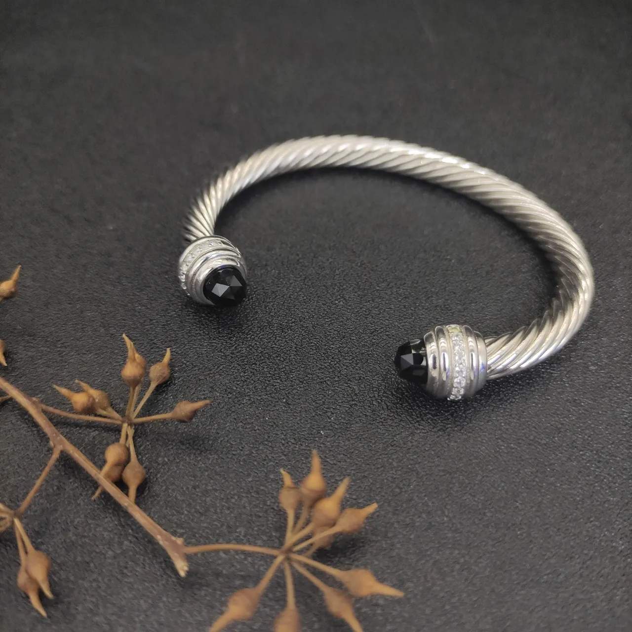 Silver Black Twisted Cable Faceted Stone Terminals Bracelet 8