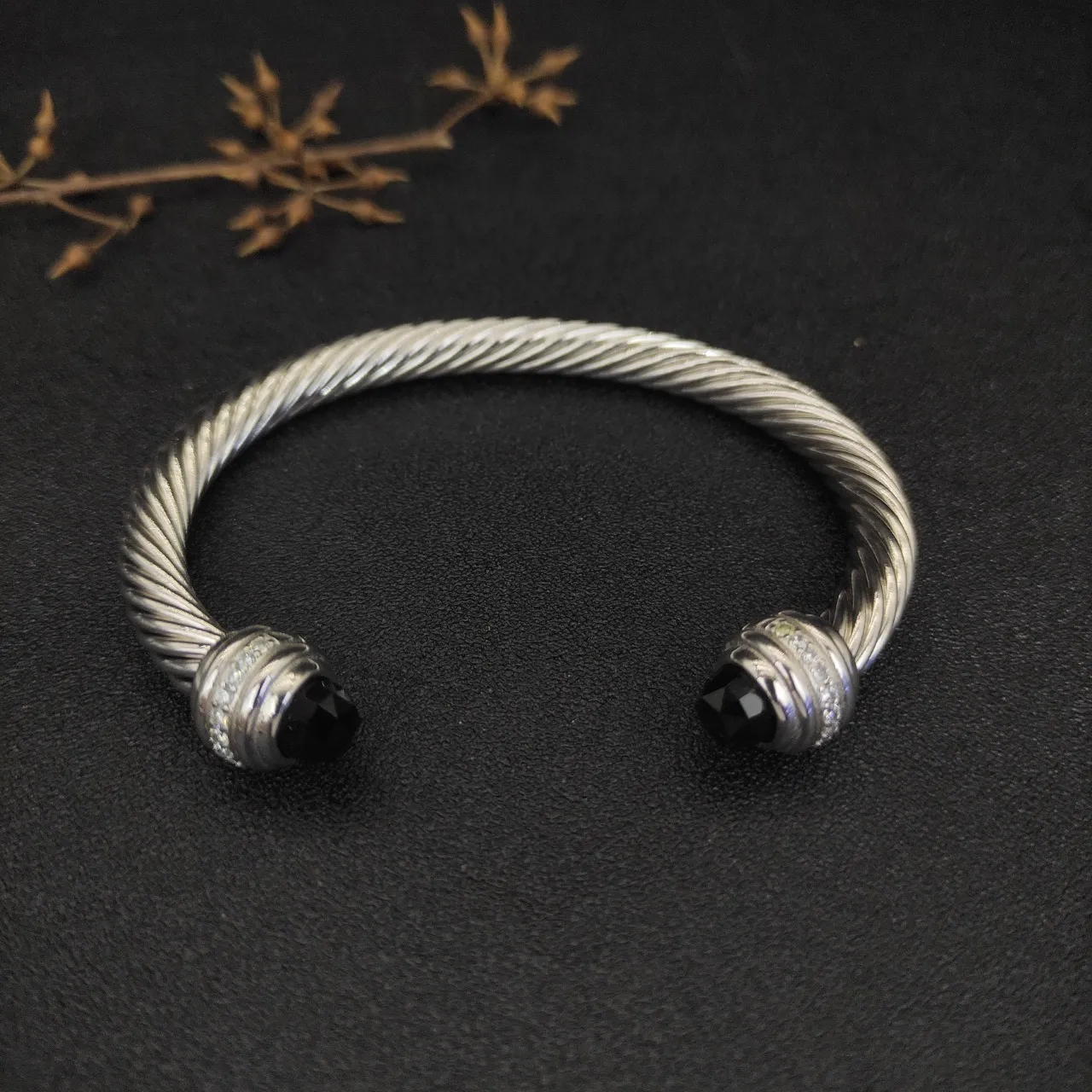 Silver Black Twisted Cable Faceted Stone Terminals Bracelet 9