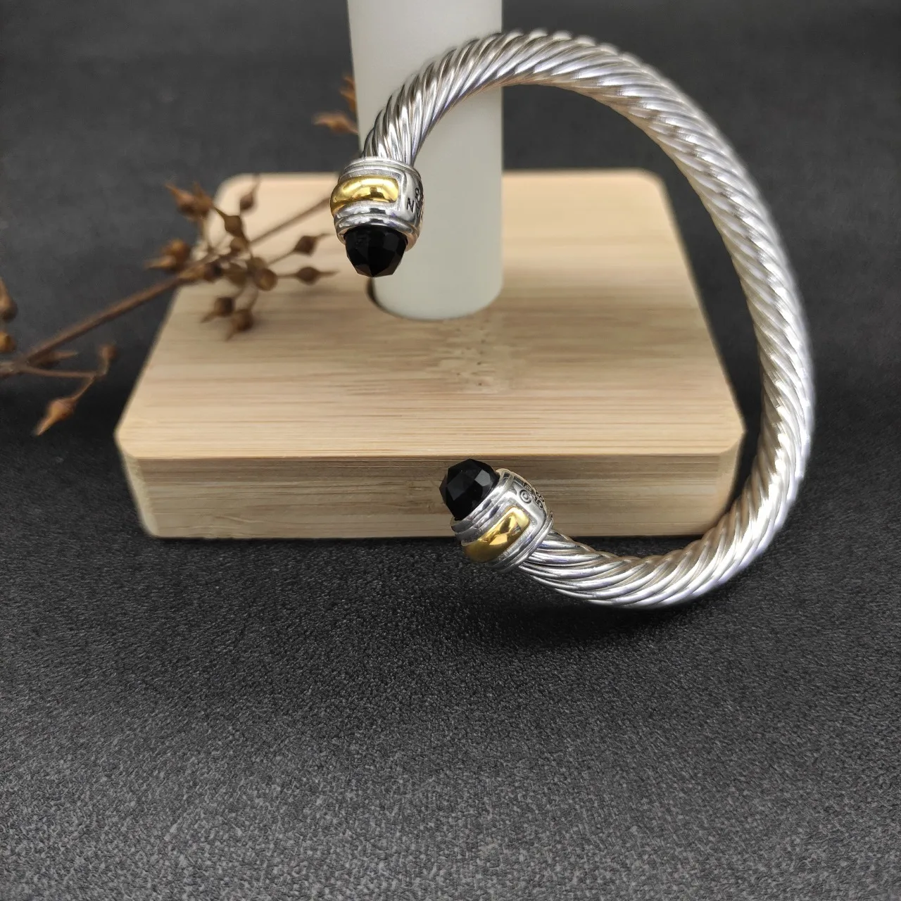 Silver Black Twisted Cable Two-Tone Metal Bracelet 8