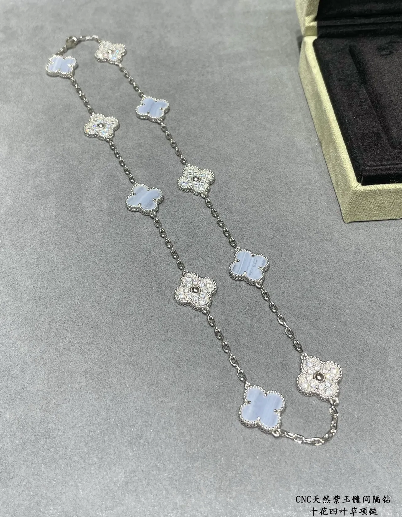 Silver Blue Four-Leaf Clover Motifs Pavé-Set Crystals Necklace 3
