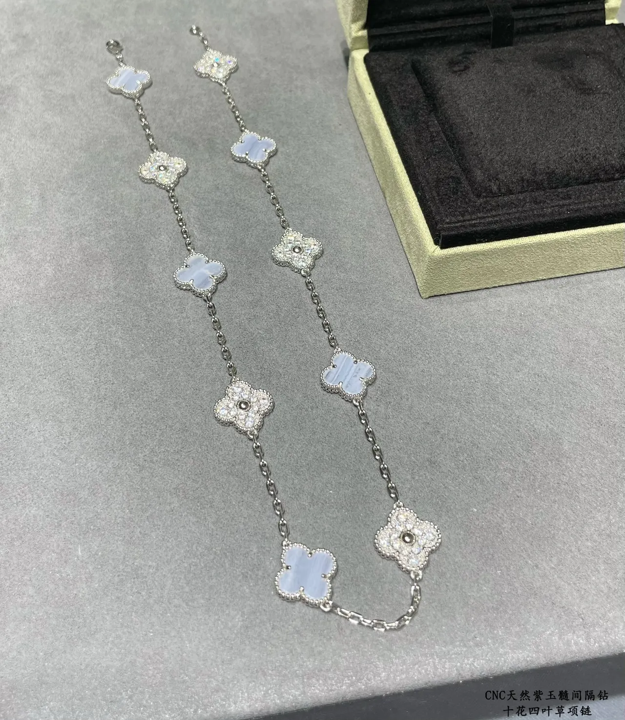 Silver Blue Four-Leaf Clover Motifs Pavé-Set Crystals Necklace 5