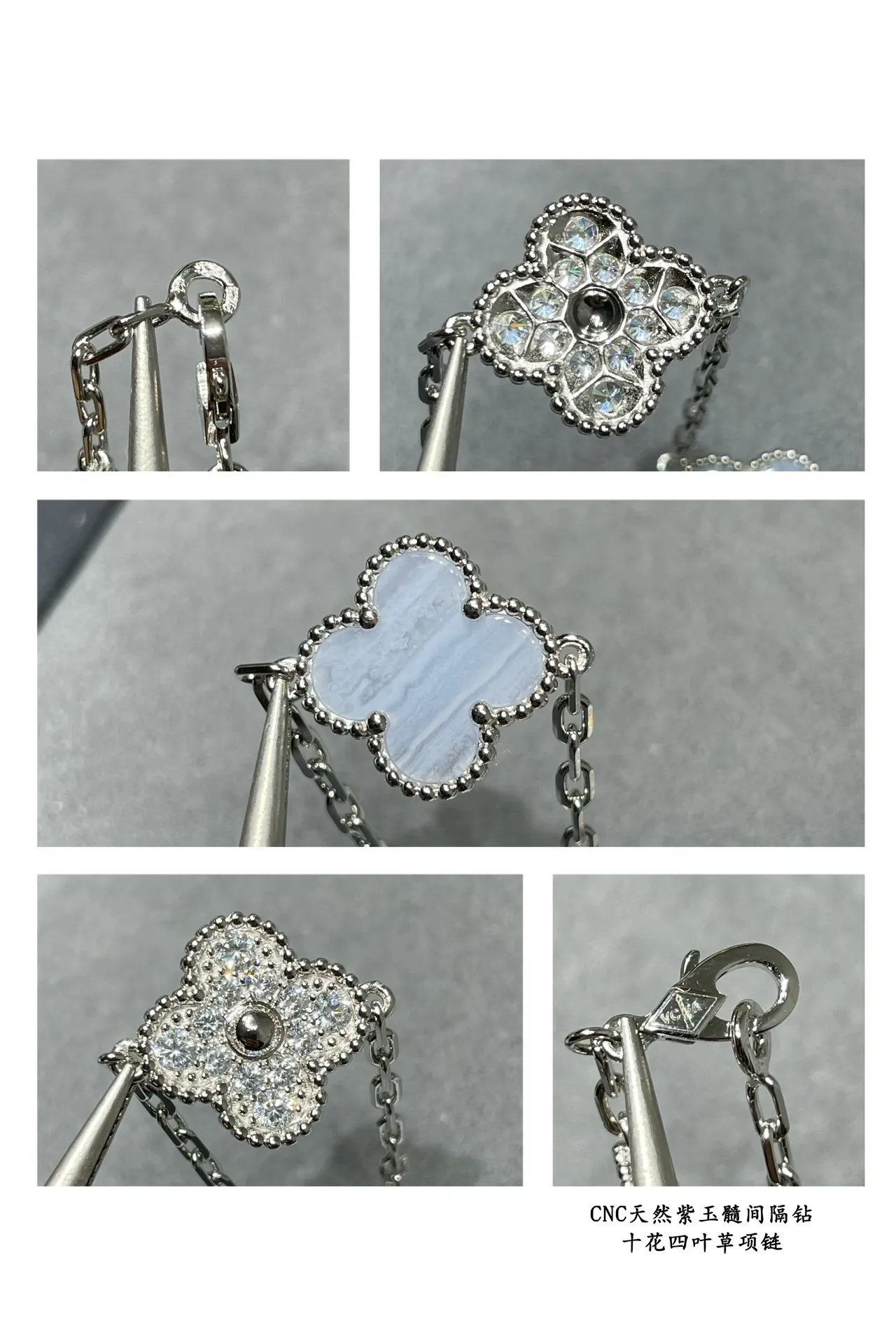 Silver Blue Four-Leaf Clover Motifs Pavé-Set Crystals Necklace 6