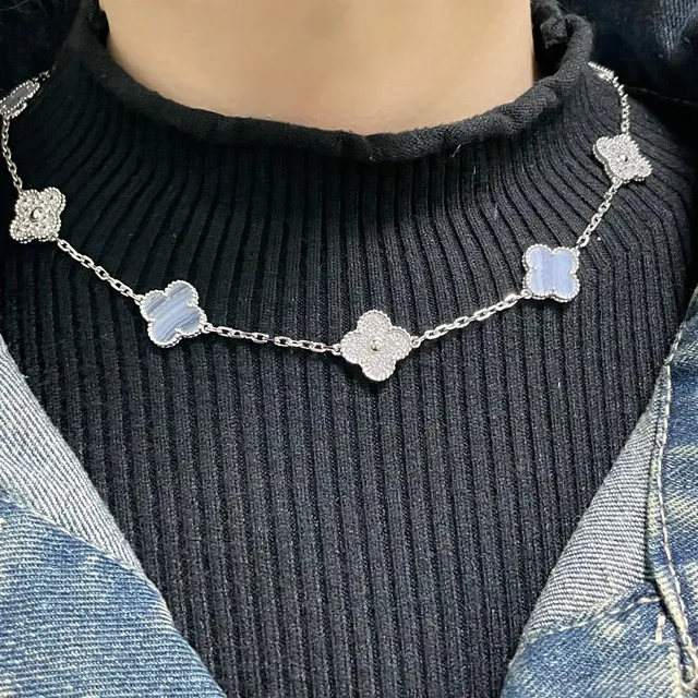 Silver Blue Four-Leaf Clover Motifs Pavé-Set Crystals Necklace 8