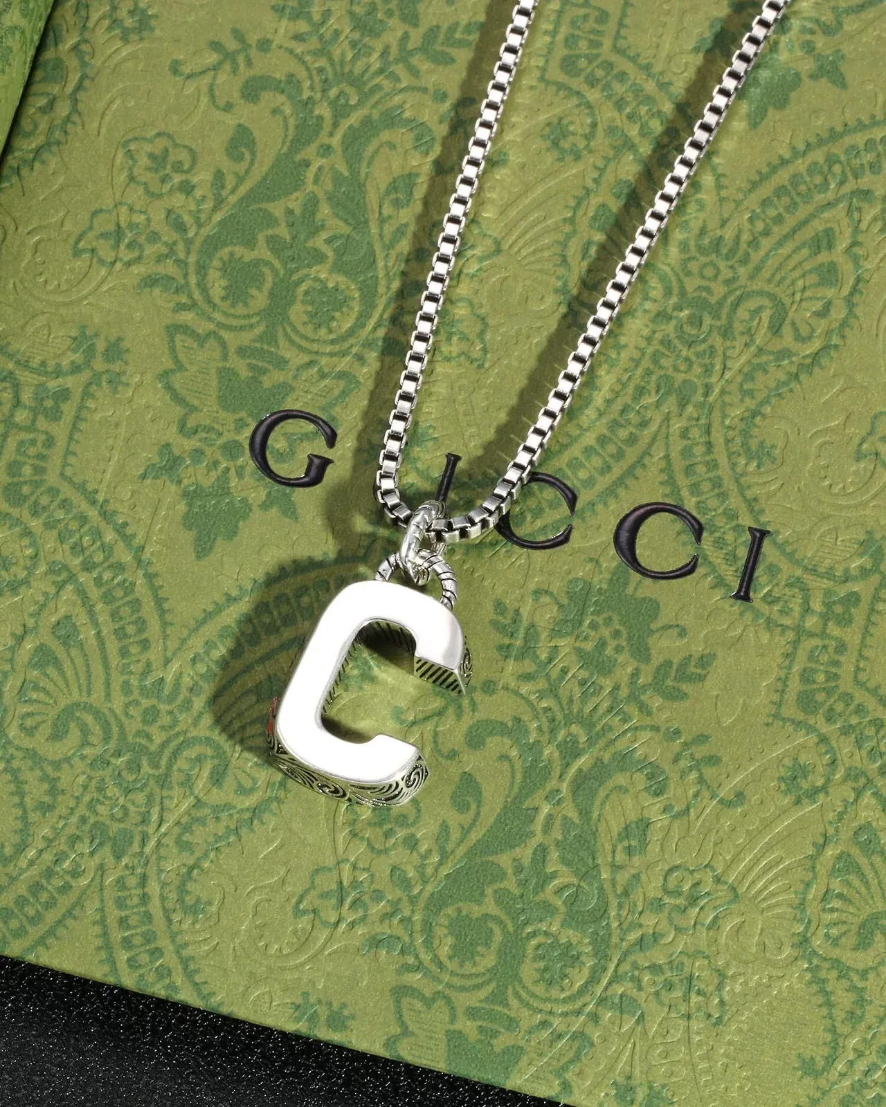 Silver Box Chain Engraved L-Shaped Pendant Necklace 2