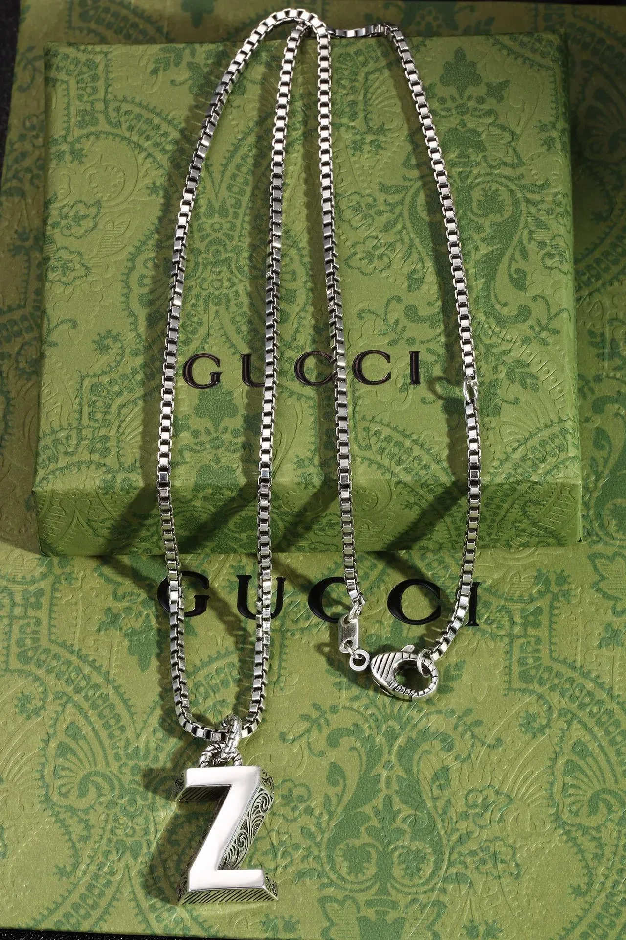 Silver Box Chain Engraved L-Shaped Pendant Necklace 4