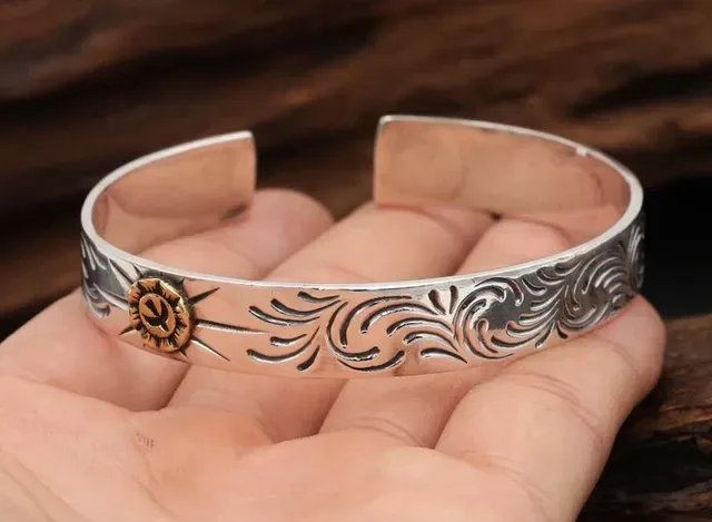 Silver Gold Engraved Floral Scrollwork Open Cuff Design Bracelet 3