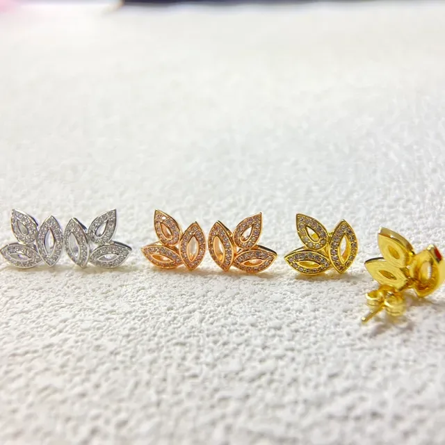 Silver Gold Leaf-Shaped Pavé-Set Earrings 2