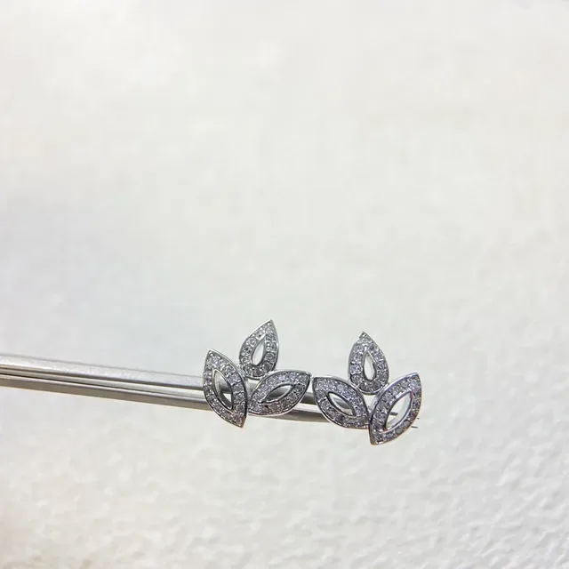 Silver Gold Leaf-Shaped Pavé-Set Earrings 3