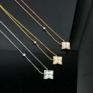 Silver Gold Square Floral Pendant Mother-of-Pearl Inlay Necklace