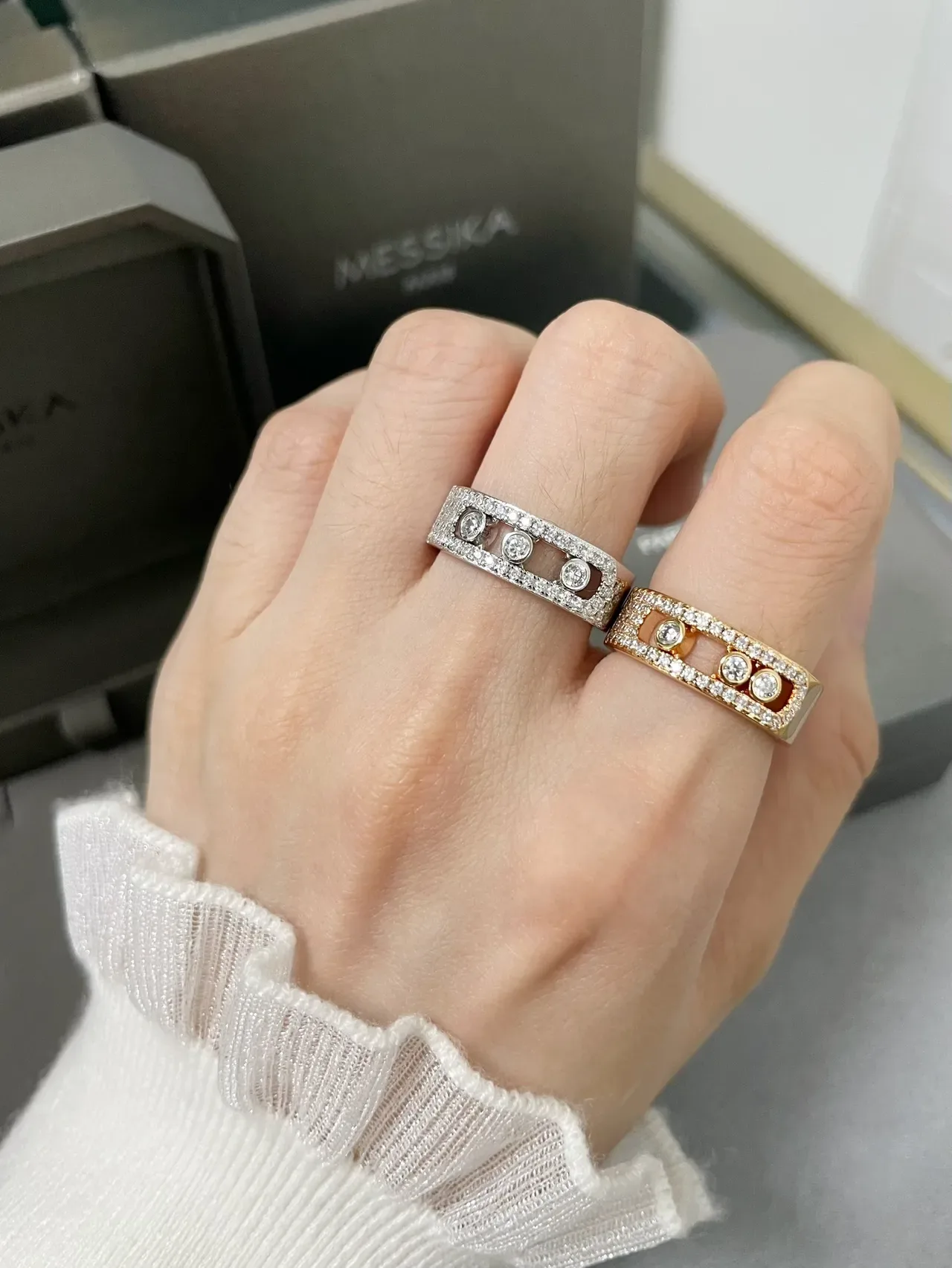 Silver Gold Wide Band Channel-Set Center Stones Ring 8