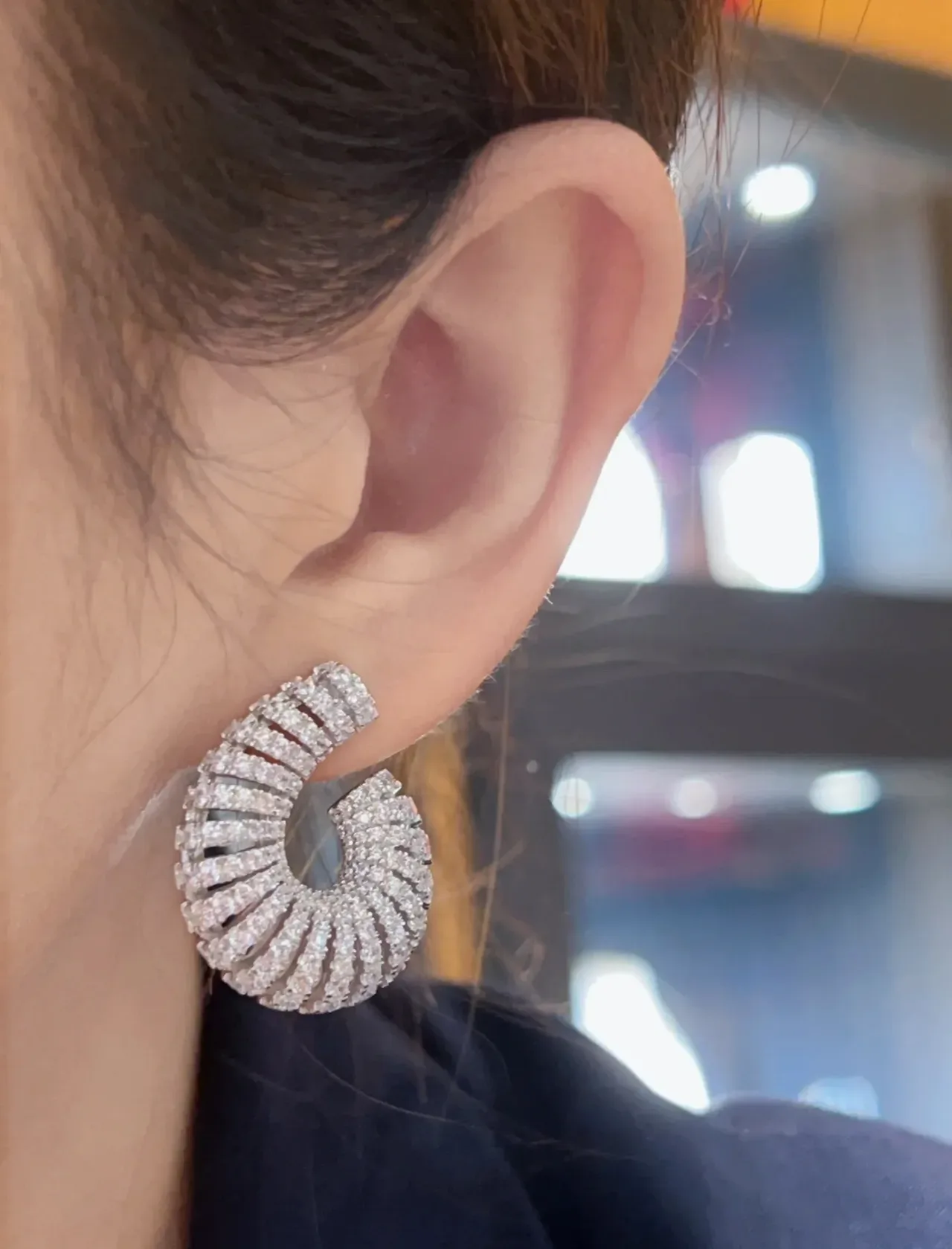 Silver Navy Coiled Pavé Hoop Textured Metallic Earrings 3