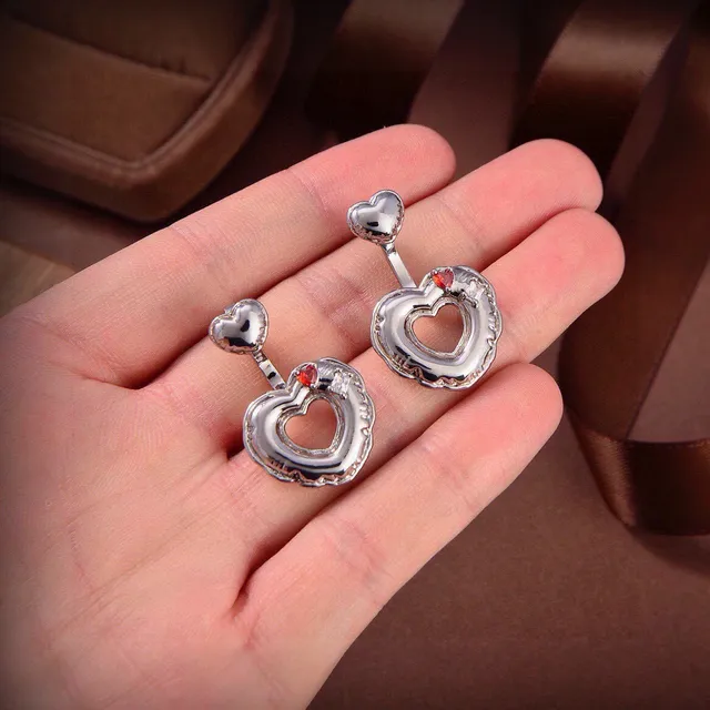 Silver Red Heart-Shaped Scalloped Edge Earrings 2