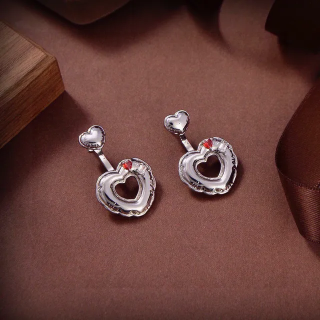 Silver Red Heart-Shaped Scalloped Edge Earrings 4