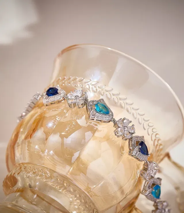 Silver-Tone Blue and Turquoise Teardrop Crystal Floral Motif Bracelet 5