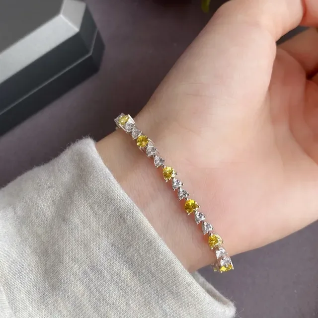 Pulseira tono plateado pedra coração amarelo e transparente alternante 8