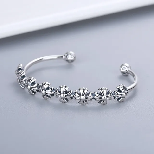 Silver-Toned Floral Motif Open Cuff Bracelet 4