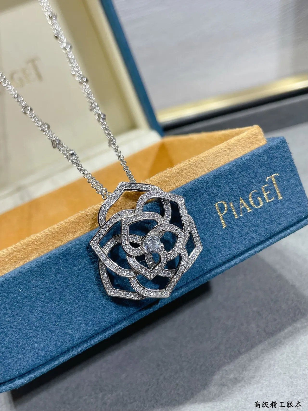 Silver-Toned Pavé Rose Openwork Pendant Necklace 8