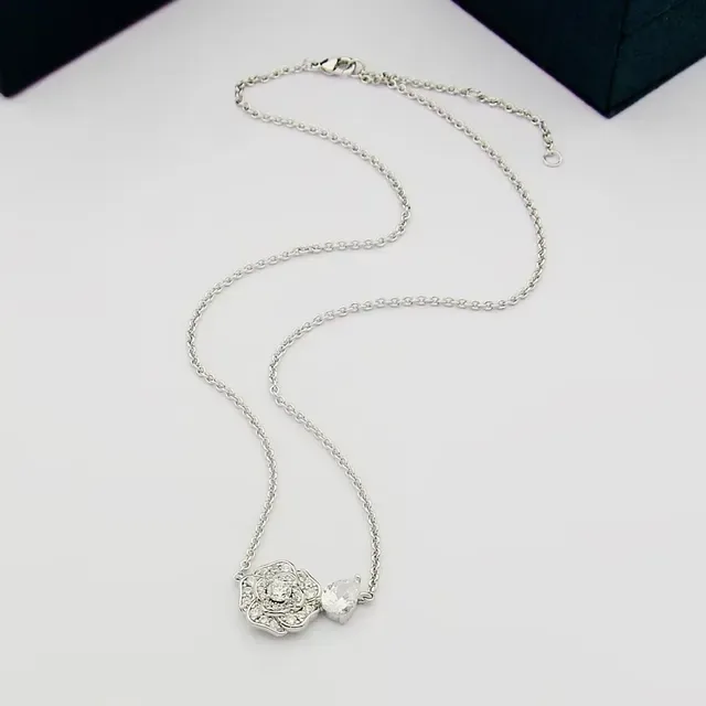 Silver White Floral Pendant Leaf Accent Necklace 4