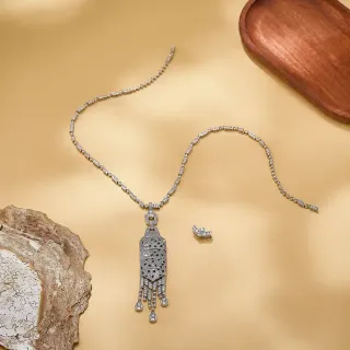 Collier Argent Blanc Gemmes Pavé Franges Pompons