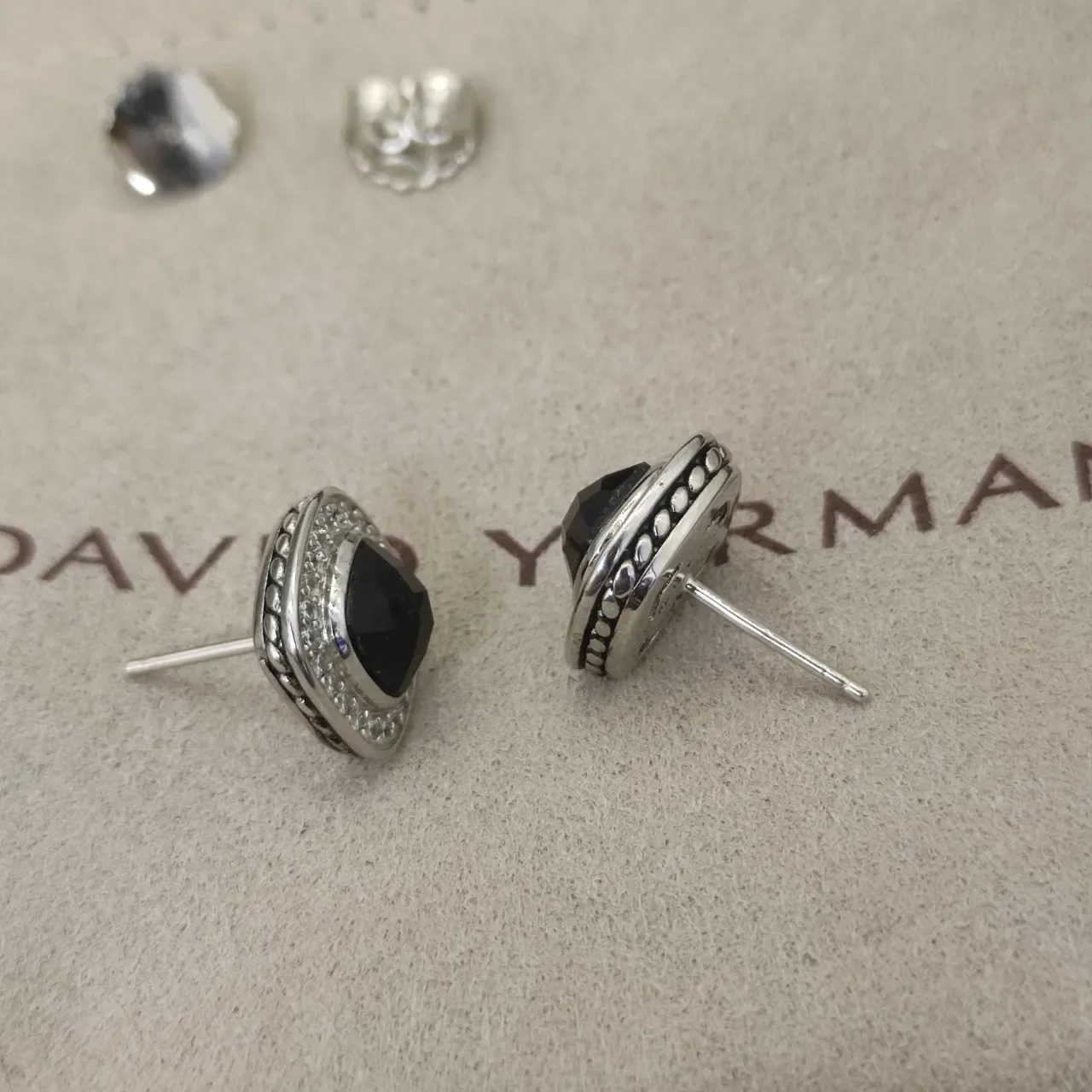 Square Cushion Black Stone Pavé Halo Stud Earrings 3