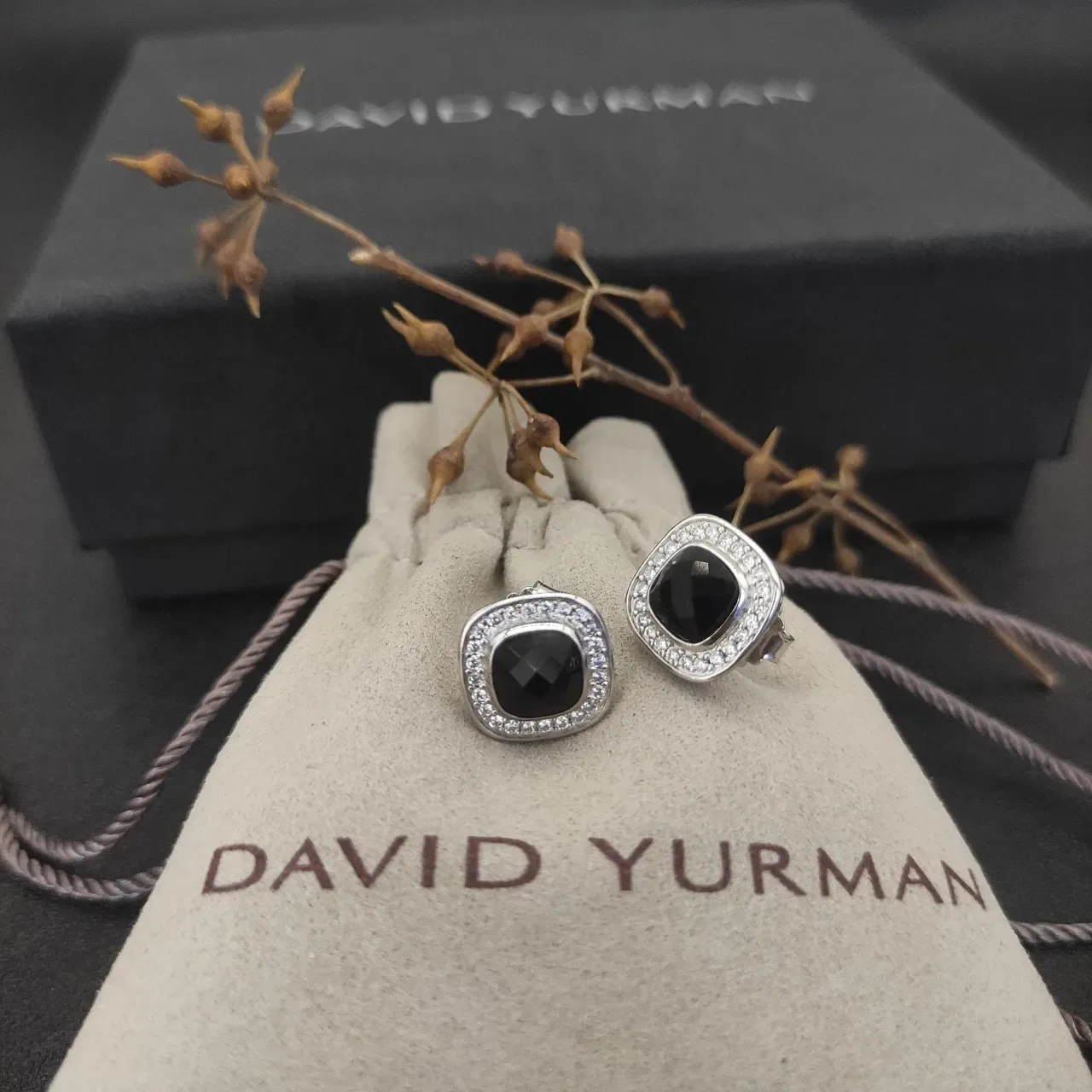 Square Cushion Black Stone Pavé Halo Stud Earrings 5
