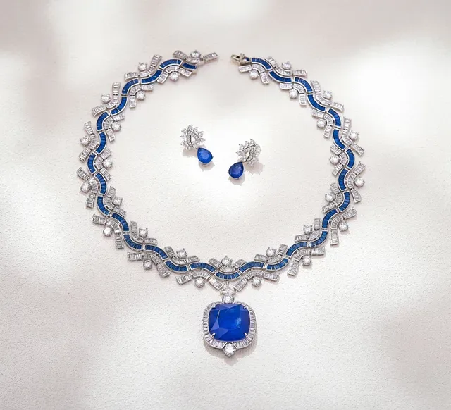 Teardrop Blue Gemstone and Pavé Diamond Drop Earrings 4