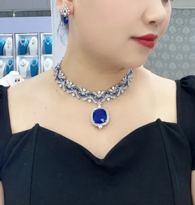 Teardrop Blue Gemstone and Pavé Diamond Drop Earrings 8