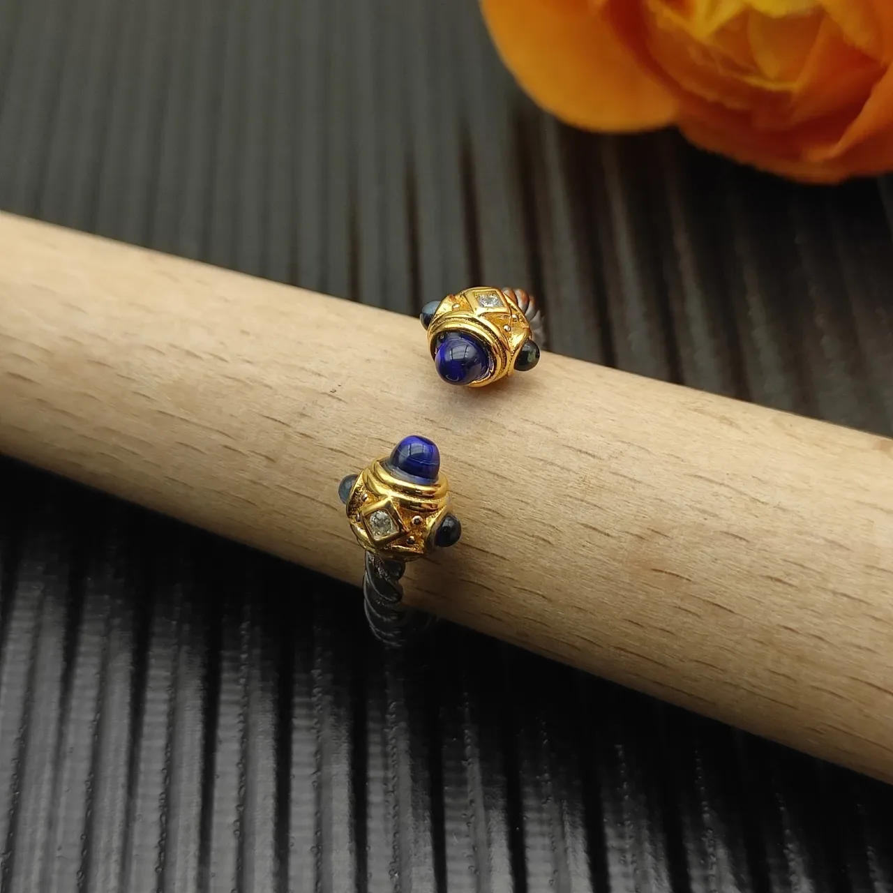 Twisted Rope Band Dual-Tone Blue Cabochon Open Adjustable Ring 8