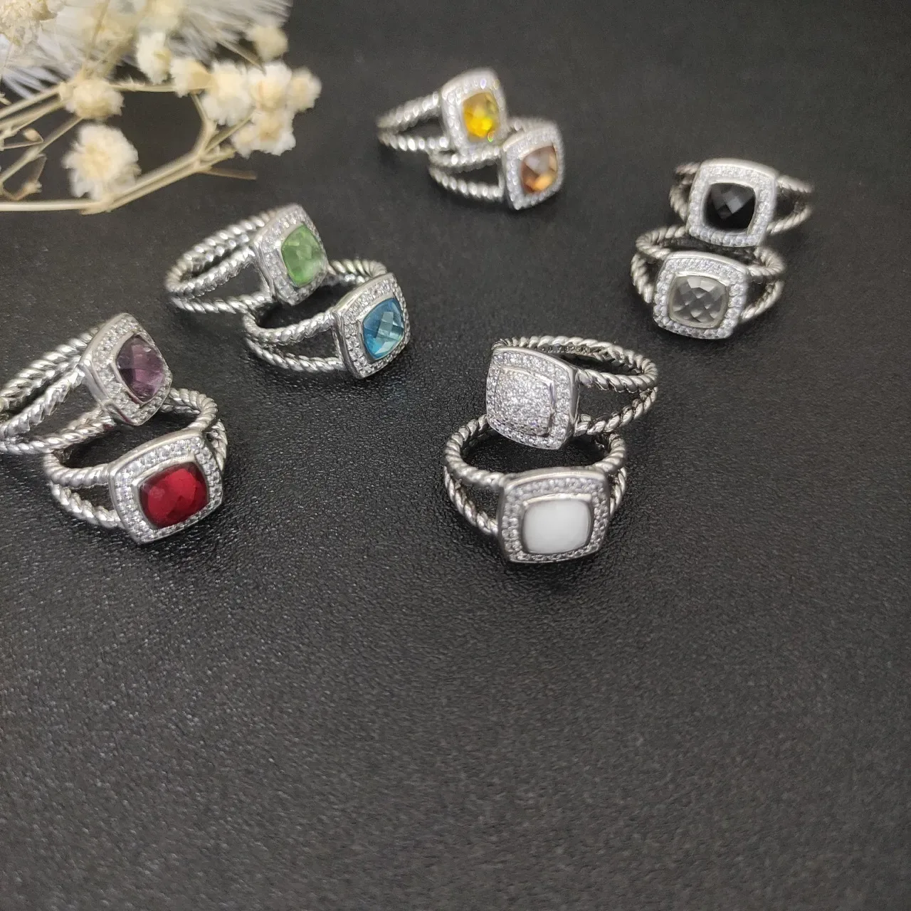Twisted Rope Band Square Bezel Pavé Halo Gemstone Rings 5