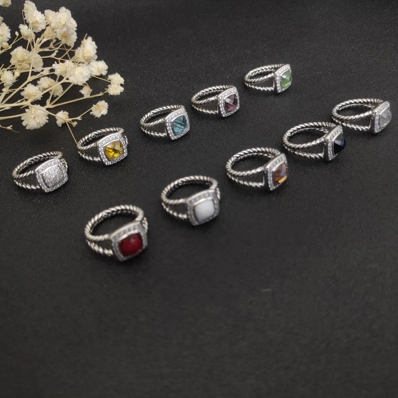 Twisted Rope Band Square Bezel Pavé Halo Gemstone Rings 8