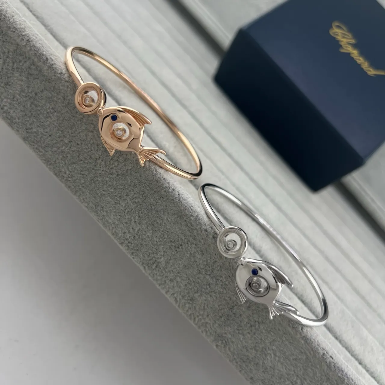 Two-Tone Fish Motif Gem-Set Open Bangle Bracelets 6