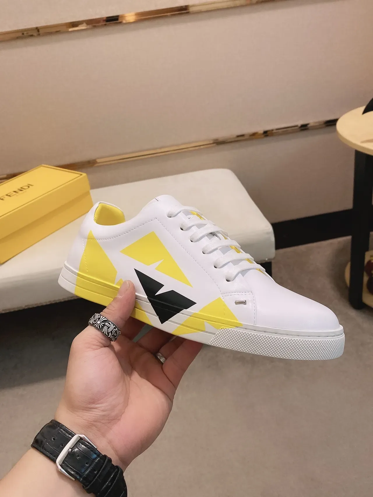 Sneaker Lifestyle Blanc et Jaune à Panel Géométrique, Low-Top 7
