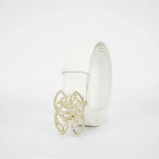 White Gold Smooth Strap Crystal-Embellished Buckle Leather Belt