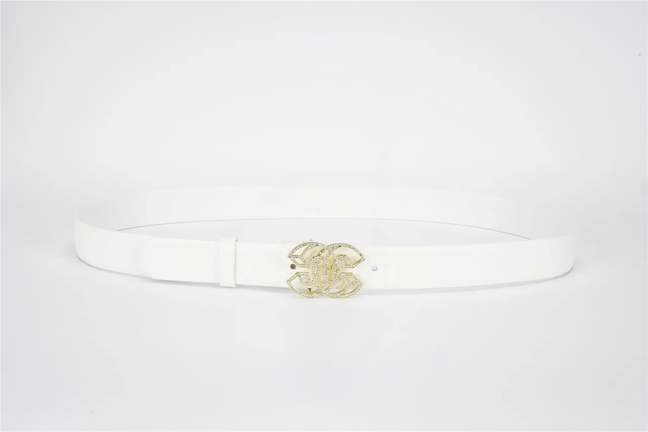 White Gold Smooth Strap Crystal-Embellished Buckle Leather Belt 9