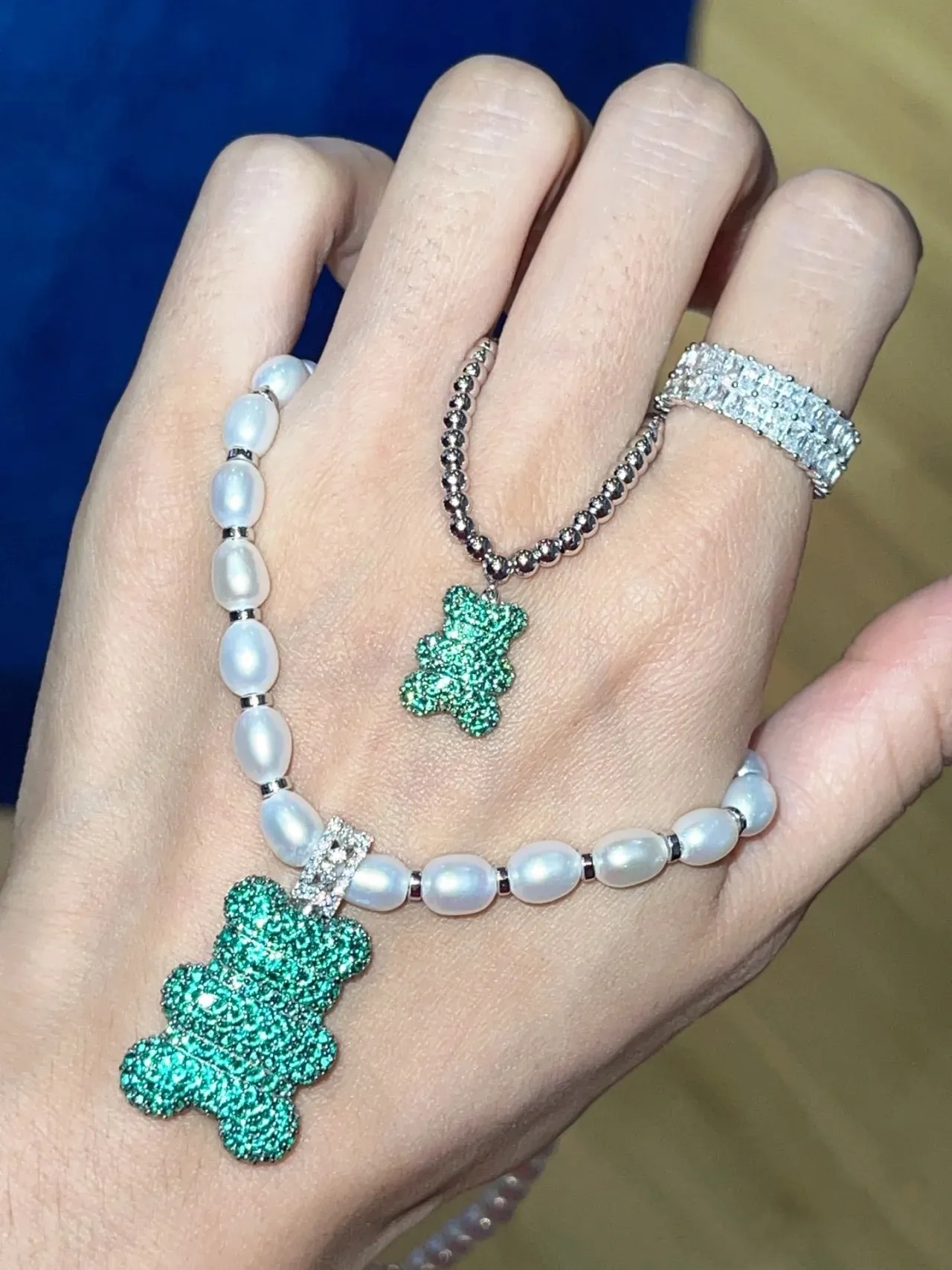 White Green Pearl Strand Pavé-Set Gummy Bear Pendant Necklace 5