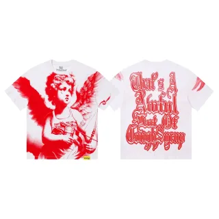 Camiseta blanca y roja de cuello redondo con estampado gráfico de doble cara