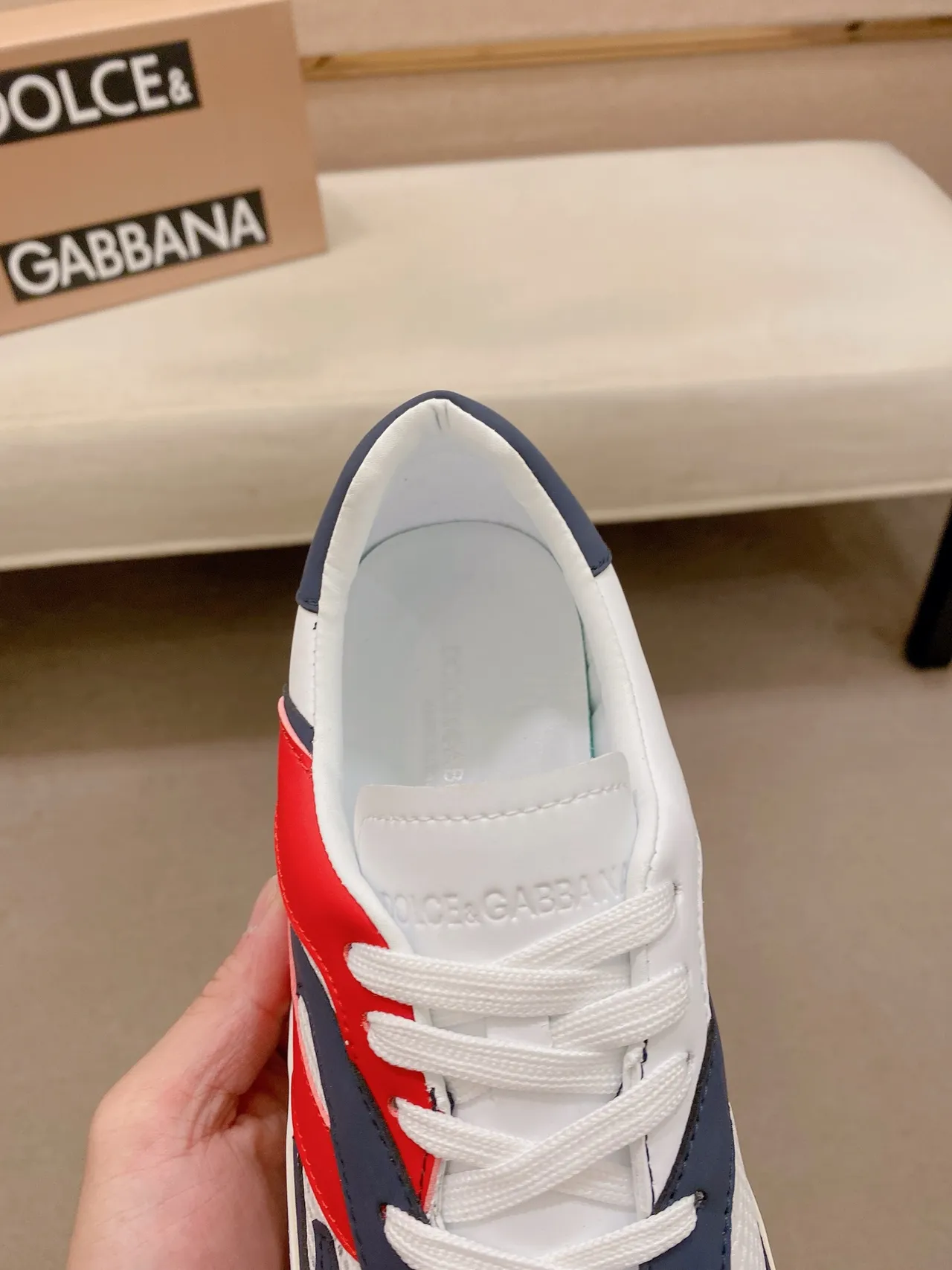 White Red Navy Blue Multi-Panel Overlay Low-Top Lifestyle Sneaker 4