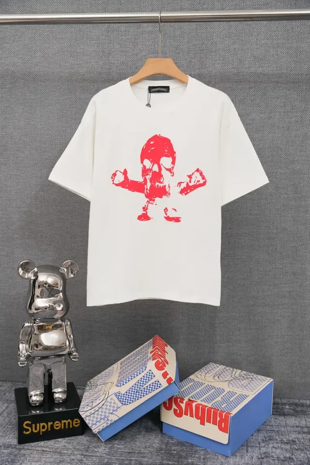 White Red Oversized Fit Screen-Printed Skull Graphic T-Shirt 2