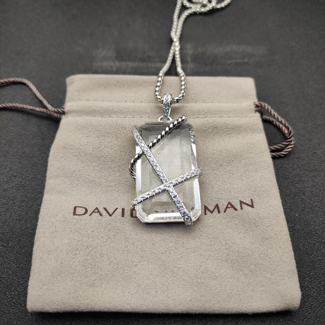 White Silver Rectangular Faceted Stone Twisted Rope Motif Bands Necklace 8