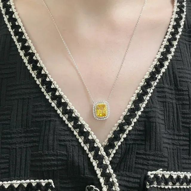 Yellow Cushion-Cut Double Halo Pendant Necklace 9