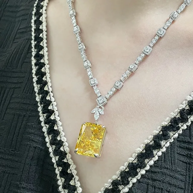 Yellow Silver Rectangular Emerald-Cut Gemstone Pavé-Set White Metal Chain Necklace 5