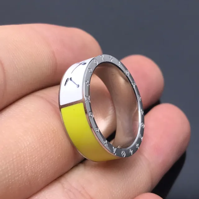 Yellow White Enamel-Block Design Engraved Outer Band Ring 2
