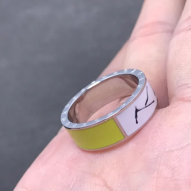 Yellow White Enamel-Block Design Engraved Outer Band Ring 3