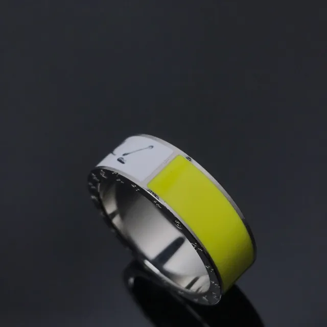 Yellow White Enamel-Block Design Engraved Outer Band Ring 4
