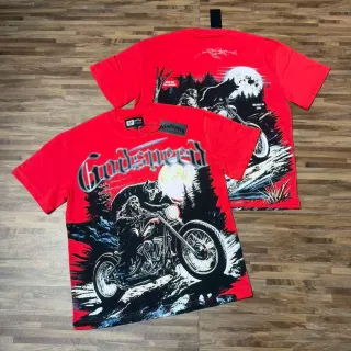 T-shirt Godspeed imprimé graphique rouge et noir thème motard