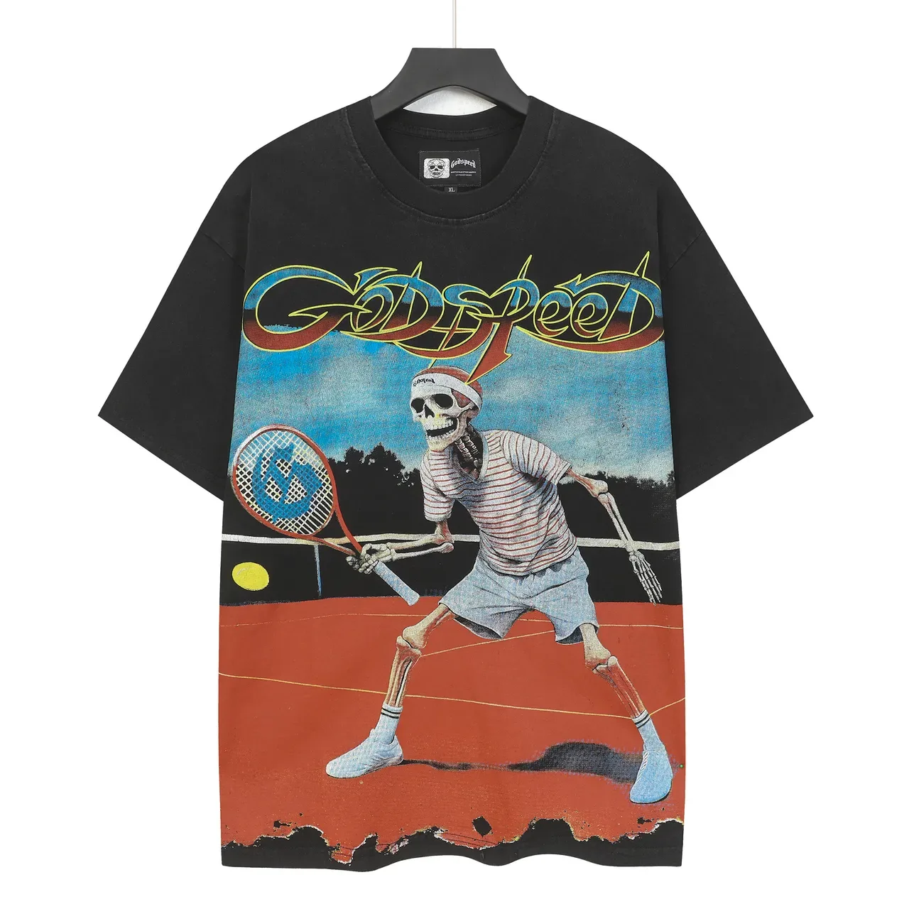 T-shirt oversize noir Godspeed motif squelette tennis 2